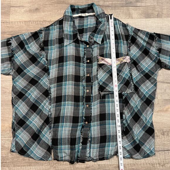 Free People Intimately Medium Flannel Button Up Shirt Distressed Oversized Plaid - Picture 6 of 6